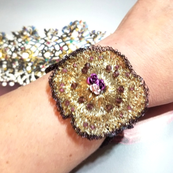 Antique Jewelry - Antique Spun Sterling Silver Crystal Flower Bracelet